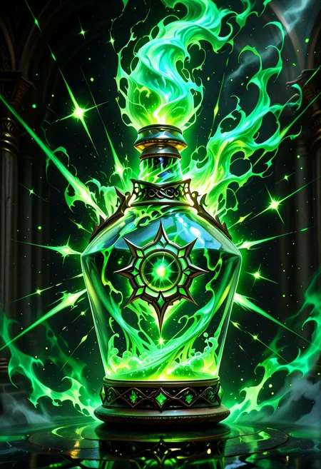 absurdres, newest high_def, highest quality, 4k, best quality, masterpiece, no humans, object focus, focused, defined, (Photorealistic magic potion:1.3), intricate glass bottle, elixir, neon green colors, vivid red, grey colors, black gues , bubbling, ethereal light, flashy lights, magic lights, luminous, dynamic reflections, magical aura, highly detailed, fantasy essence, glowing particles, radiant aura, A3THER, no humans