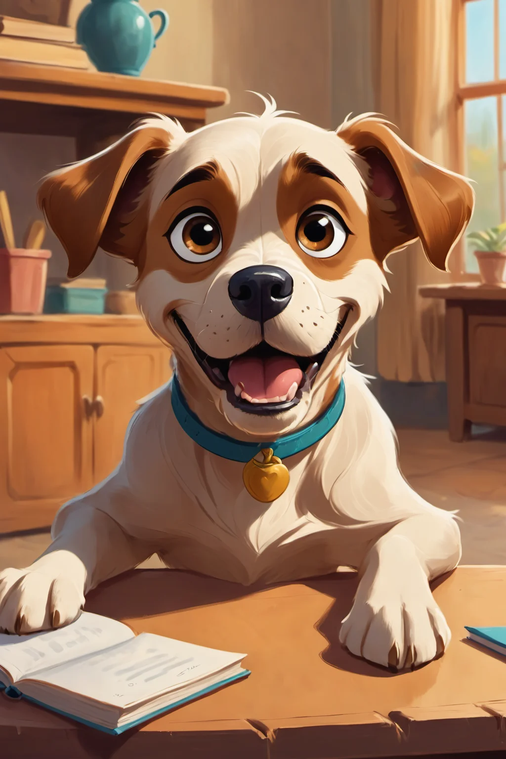 closeup mischievous dog looking at the viewer , leaning on a wooden table with a book beside it. The background reveals a cozy room with wooden furnishings. <lora:Animated_Concept:0.75>