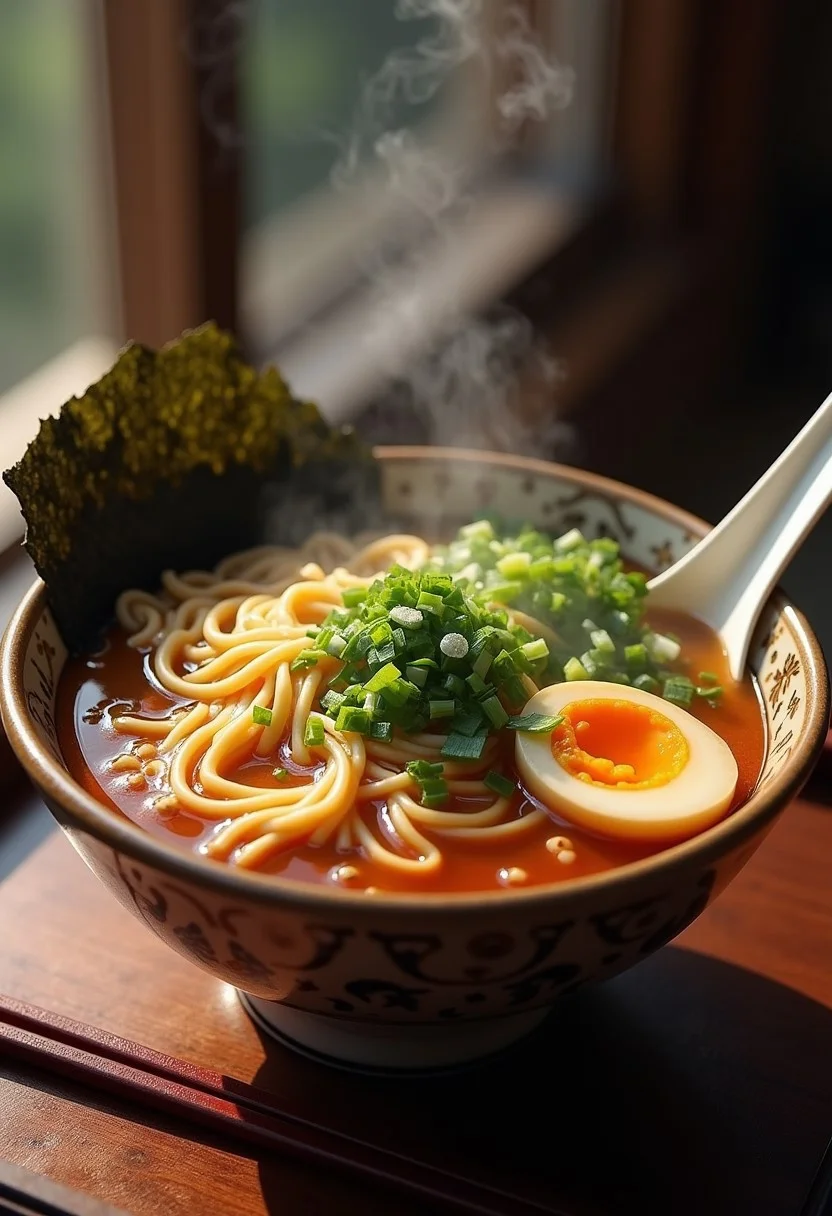 A perfect steaming bowl of ramen, thing noodles, light clear broth, half a boiled egg, chopped green onions, naruto, kelp, sesame seeds, chopsticks on the side, ramen spoon on the right,
Photorealistic, Highly detailed, masterpiece, 4k, high resulution, great lighting,
