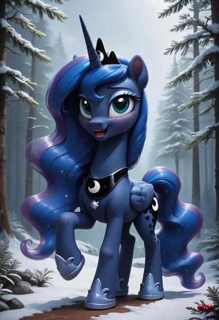 score_9, score_8_up, score_7_up, ( princess Luna mlp1.2), cute very fuzzy, necklace forest background  full body view cutie mark snow on the ground Christmas tree wearing a blue cloak and tiara and necklace and sliver horse shoes in the rainforest