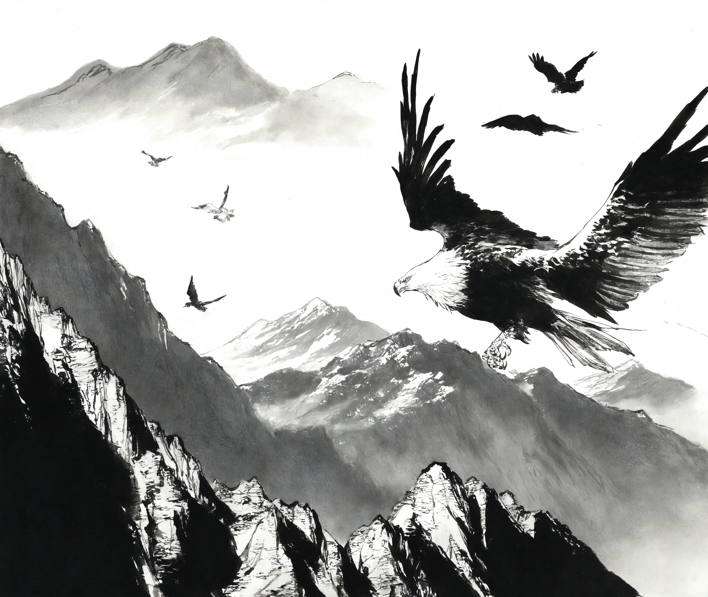 solo, shadow, bird, animal, animal focus, beak, talons, eagle, mountain, mountainous horizon, monochrome, ink \(medium\), spread wings, flying, 
traditional media,
<lora:freehandink_NOOB1.0_V-PRED:1>
masterpiece, best quality, newest, absurdres, highres
