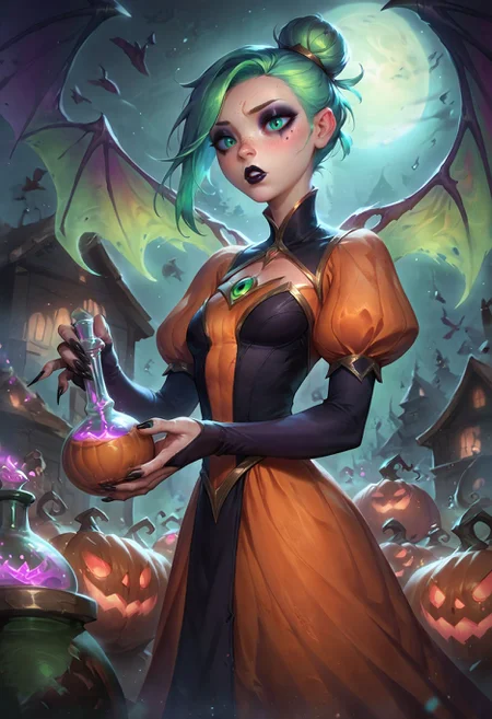 score_9, score_8_up, score_7_up, score_6_up, score_5_up, score_4_up, 1girl, solo, symmetry, potion, pumpkin cauldron, brewing, wings, green hair, glowing, green eyes, eyeshadow, hair bun, asymmetrical bangs, longlashes, high-neck dress, long sleeves, sleepy eyes, black lipstick, parted lips, explosive hair, highly detailed, best quality, freckles, golden details, house background, sfw, rating_safe, long nails, black nails, veil, see through, gloves,  <lora:ArtStyle_Bewitching_Fantasy:0.7> b3w1tch, <lora:MythP0rtr4itStyle:0.6> mythp0rt