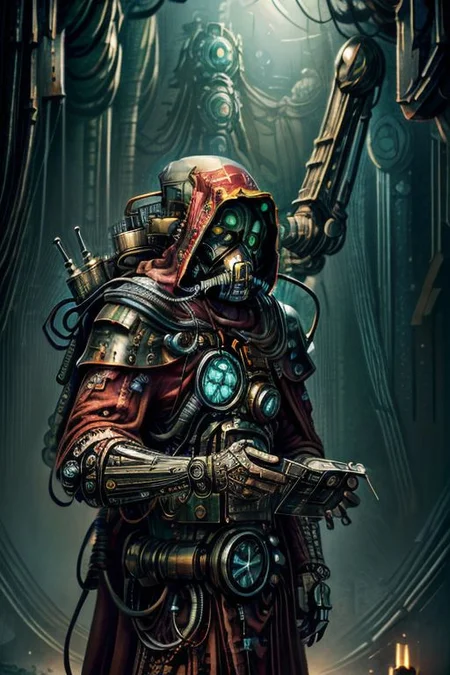 ((masterpiece,best quality)), absurdres, BREAK
mechanical arms, robes, hood, BREAK
((techpriest)), cyborg, mechanical face, mechanical limbs, gas mask, mechanical tentacles, (mechanical backpack), green cloak, BREAK
1other, solo, holding skull, BREAK
(CircuitBoardAI),
