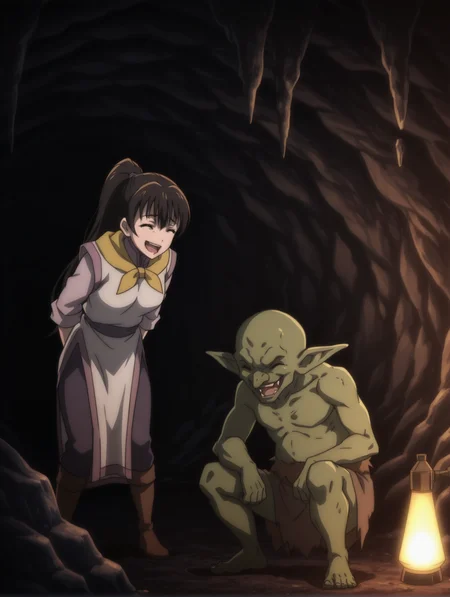 <lora:fighter-wizard-gs-illustrious:1> f1ght3r, ponytail, multicolored robe, neckerchief
1girl, 1boy, laughing, closed eyes, (goblin:0.8), cave, dim lighting