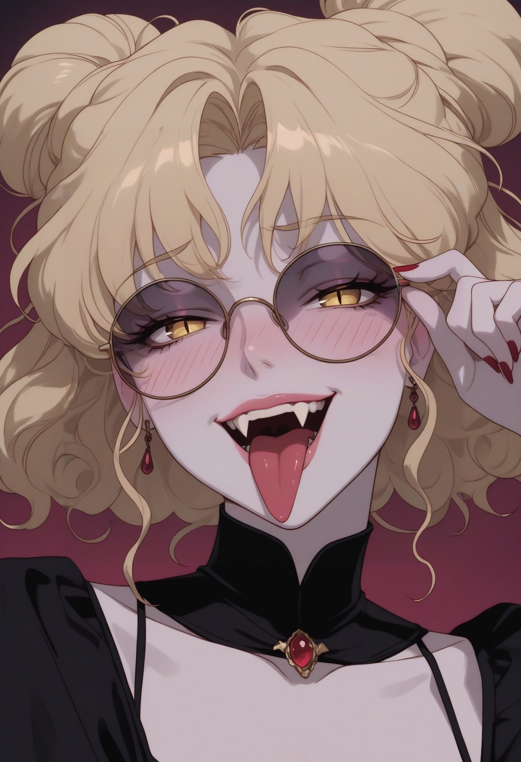 vntg2, mature female, 1girl, pale_skin, ear_blush, nose_blush, blush, round_sunglasses, eyewear, adjusting_eyewear, short_hair, ((double_bun)), wavy_hair, (blonde_hair), vampire, fangs, smug, grin, full_lips, lips, parted_lips, tongue_out, very_long_tongue, forked_tongue, pointy_tongue, slit_pupils, (black shrug), layered_outfit, cropped cami top, spaghetti_strap, white_shirt, portrait, masterpiece, best qualiy, high detail, very aesthetic, vntg2, <lora:627b9559-11aa-4715-9edc-2ebc9fd63161:0.9>