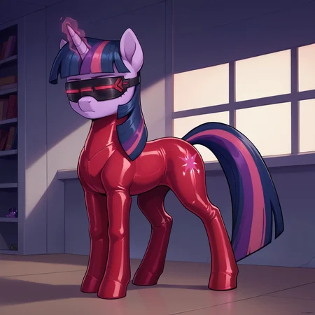 zPDXL, source_anime, 1girl, solo, BREAK
pony twilight sparkle, feral pony, expressionless,
red visor, glowing visor, latex bodysuit,
indoors, full body,
<lora:evil-visor-ot3-1200:0.6>