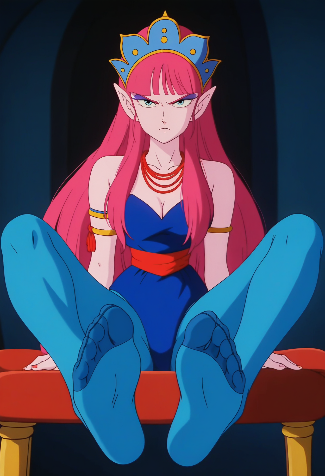 score_9, score_8_up, score_7_up, score_6_up, anime screencap, anime coloring, <lora:DBExtraGirlMelee_epoch_9:0.7>, DBExtraGirlMera, pointy ears, very long hair, blunt bangs, pink hair, pink skin, colored skin, blue eyes, purple eyeshadow,
red rope necklace, red rope bracelet, blue crown, blue leotard, cleavage, armlet, red waistband, blue pantyhose,
foot focus, sitting, legs apart, shiny legwear, looking at viewer, disgust, 
BREAK dark background, indoors,