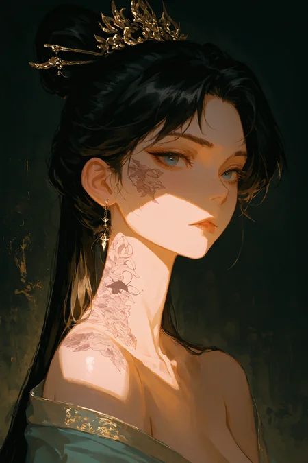 masterpiece, best quality, newest, absurdres,
over-the-shoulder shot, Portrait, Frontal, a hanfu girl with tattoos of bio ink, BREAK (Rembrandt lighting:1.2), split diopter, <lora:ponyv4_noob1_2_adamW-000017:0.7000000000000001> <lora:USNR_STYLE_XL_lokr:0.5> <lora:EtherSDXL:0.3>