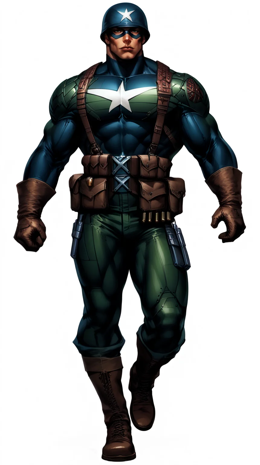 score_9, score_8_up, score_7_up, a man with a strong jaw in a tactical navy blue (muscled superhero costume with green armored highlights:1.2), (m1 helmet:1.4), (superhero domino mask:1.2), leather gloves, laced combat boots, bullet bandolier across his chest, gunslinger belt, huge biceps, (white background:1.2), character design, concept art, detailed face, high Detail, Sharp focus, dramatic, (full body shot:1.2), (solo:1.2), <lora:ArtgermLycoXL:0.5> <lora:c0rb3nXLP:0.5> c0rb3n <lora:detailed_hands:1> hands, <lora:ComicsPonyXL_V2:0.7> Comistyle  <lora:WW2_Superhero_Costume:1>