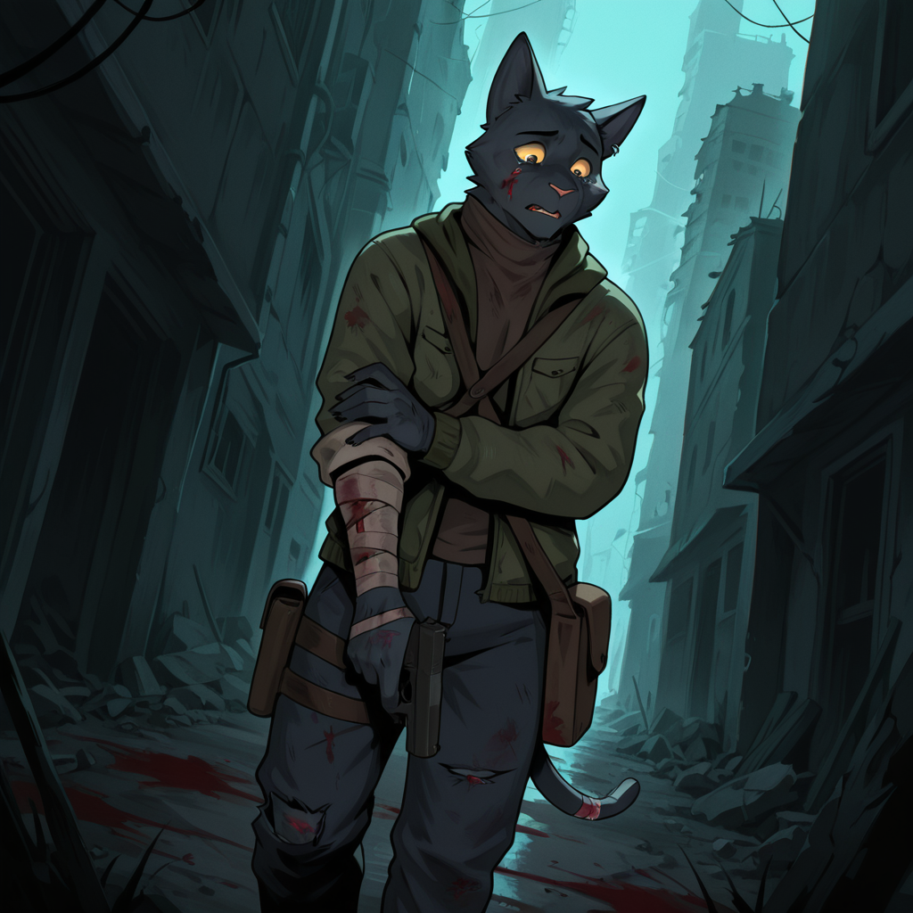 Furry, male, solo, cat, cat boy, black cat, tail, claws, ear piercing, yellow sclera, yellow eyes, green jacket, open jacket, shoulder bag, pants, (blood on clothes), blood on face, very bloody, blood everywhere, ((torn clothes)), dirty clothes, blood-stained clothes, bloody clothes, injured, bandages, bandaged arm, bandage on leg, bandage on tail, handgun, holding gun, hand on own arm, looking down, scared, tears, ruins, post-apocalyptic, desolation, dutch angle, dynamic angle, dynamic pose, masterpiece, best quality, amazing quality, very aesthetic, highres, absurdres, detailed background, tomasz <lora:Tomasz_Tyszko:1>, <lora:add-detail-xl:0.5>, <lora:Expressive_H:0.2>, <lora:spo_sdxl_10ep_4k-data_lora_webui:0.2>, <lora:sdxlVAE_sdxlVAE:0.1>, <lora:noobai_ep11_stabilizer_v0.138_fp16:0.3> , <lora:noobaiXLNAIXL_epsilonPred11Version-lora:0.1>