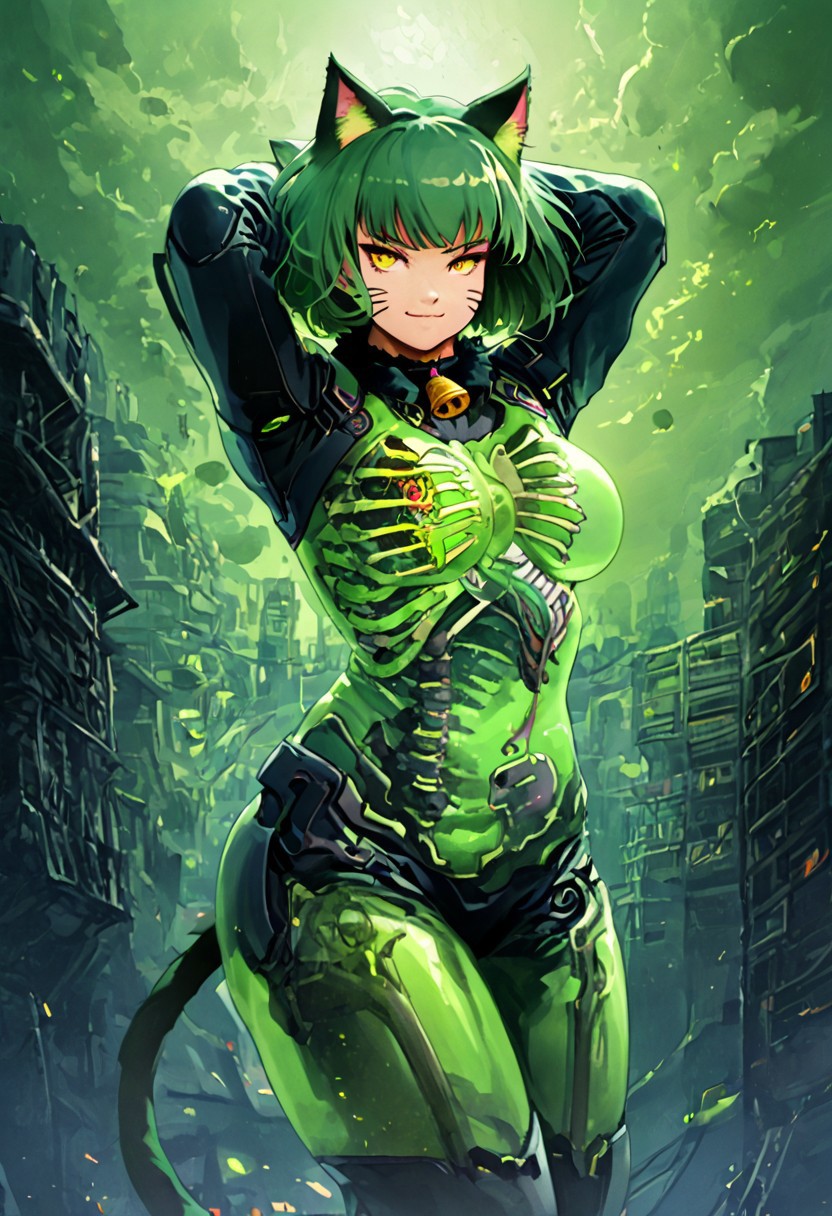 3l3m3ntp, cr1tter, detailed, transparent, (action pose),
woman, arms up, smirk, closed mouth, yellow eyes, makeup, fluffy green cat ears, short green hair, bangs, cat whiskers marks, large breasts,(green cat tail:1.4),socks, neck bell,
(futuristic night city tokyo:1.4), (green neon), brutalist architecture,
score_9, score_8, score_7, score_6, absurdres, skeleton, spine, hip_bones, ribcage, legs bones, solo, half body,
(transparent, transparent_body, transparent_skin),