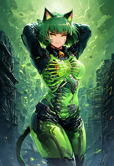 3l3m3ntp, cr1tter, detailed, transparent, (action pose),
woman, arms up, smirk, closed mouth, yellow eyes, makeup, fluffy green cat ears, short green hair, bangs, cat whiskers marks, large breasts,(green cat tail:1.4),socks, neck bell,
(futuristic night city tokyo:1.4), (green neon), brutalist architecture,
score_9, score_8, score_7, score_6, absurdres, skeleton, spine, hip_bones, ribcage, legs bones, solo, half body,
(transparent, transparent_body, transparent_skin),