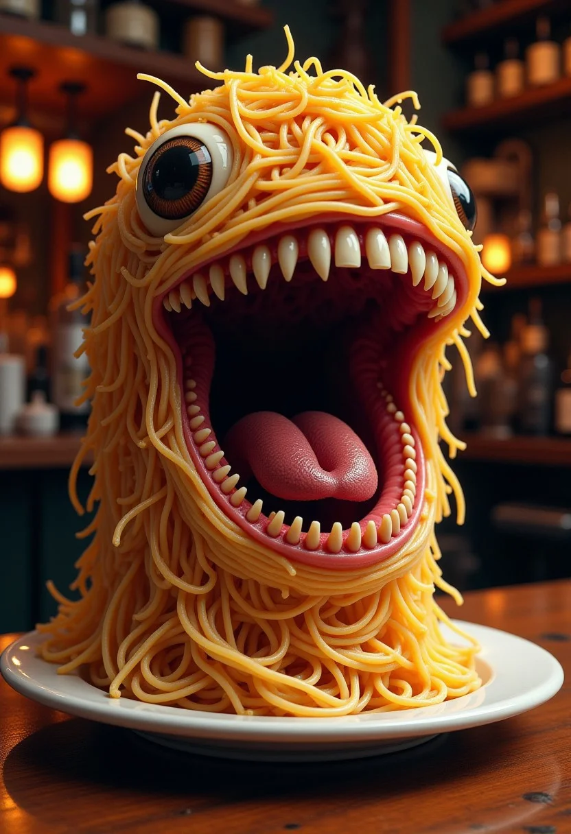 A bizarre spaghetti monster with human teeth, Italian bistro