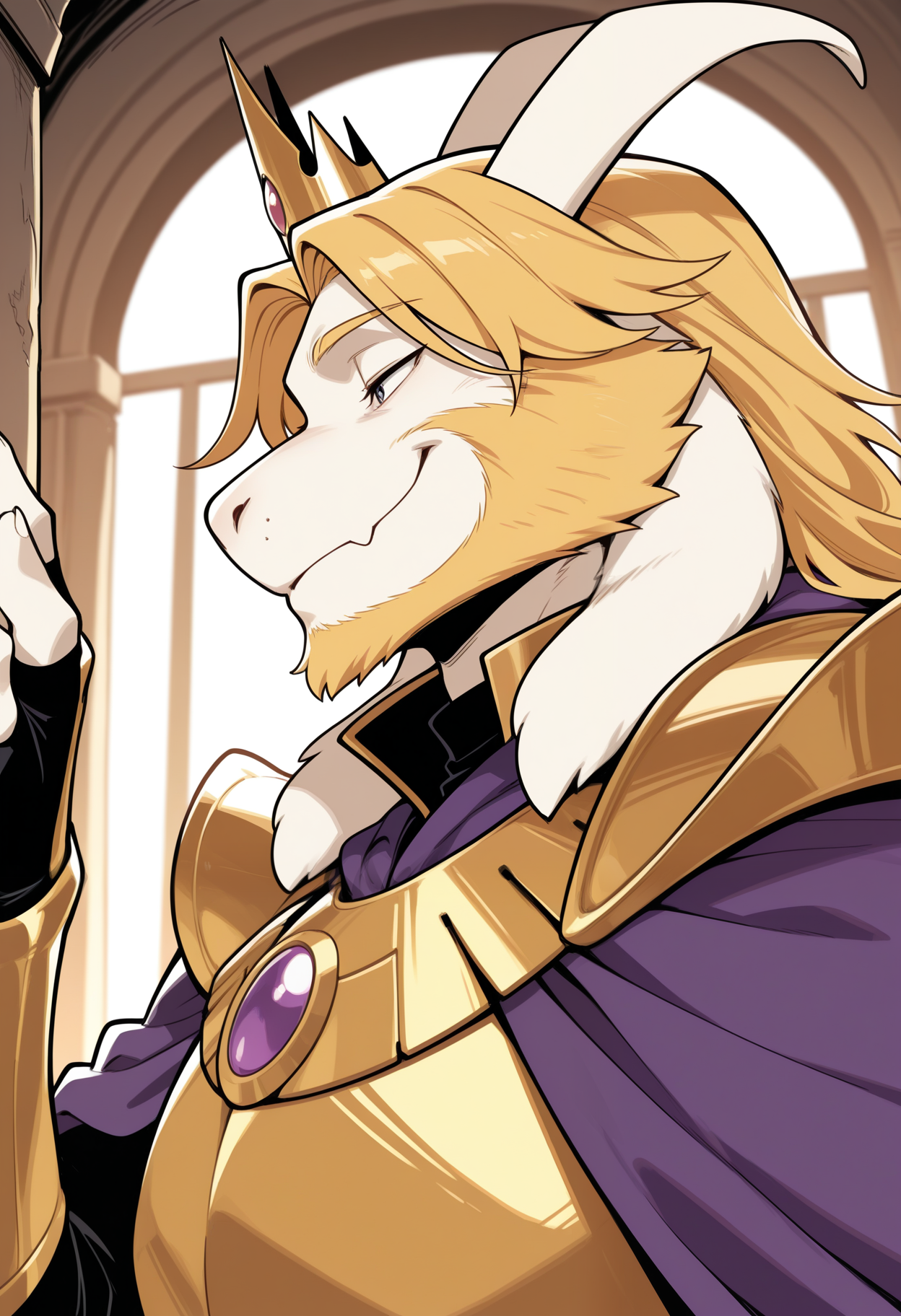 masterpiece,best quality,amazing quality, 1boy, solo, 4sg0r3, gold armor, gold gauntlets, black undershirt, gold crown, furry male, purple cape, gold chestplate, gold pauldrons, close up, side angle, cute smirk,

inside, 