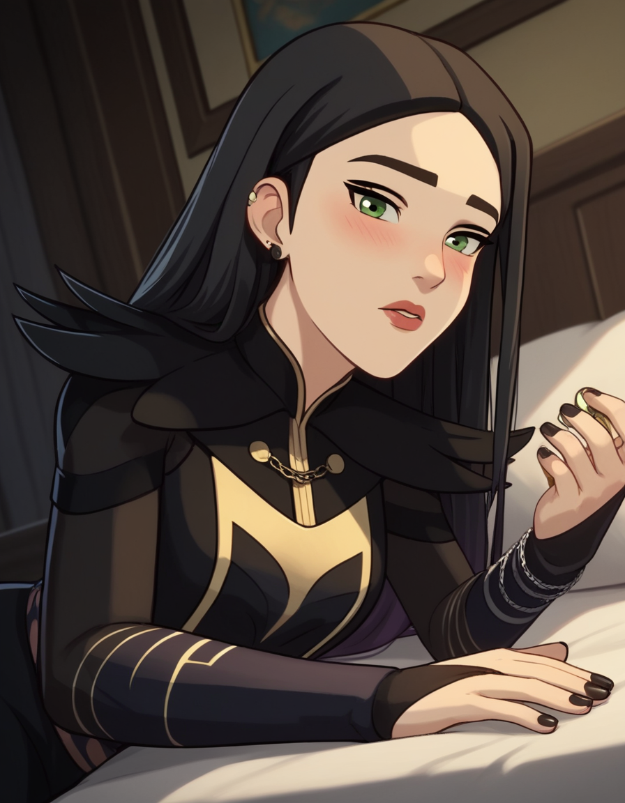 score_9, score_8_up, score_7_up, source_anime, <lora:dragon-prince-claudia-ponyxl-lora-nochekaiser:1>, claudia, long hair, black hair, green eyes, lips,, long sleeves, dress, jewelry, earrings, nail polish, black dress, black nails,, indoors, bed, bed room, on side, blush, drunk, looking at viewer, solo, cowboy shot, dutch angle