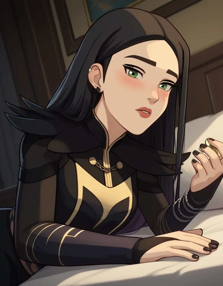 score_9, score_8_up, score_7_up, source_anime, <lora:dragon-prince-claudia-ponyxl-lora-nochekaiser:1>, claudia, long hair, black hair, green eyes, lips,, long sleeves, dress, jewelry, earrings, nail polish, black dress, black nails,, indoors, bed, bed room, on side, blush, drunk, looking at viewer, solo, cowboy shot, dutch angle