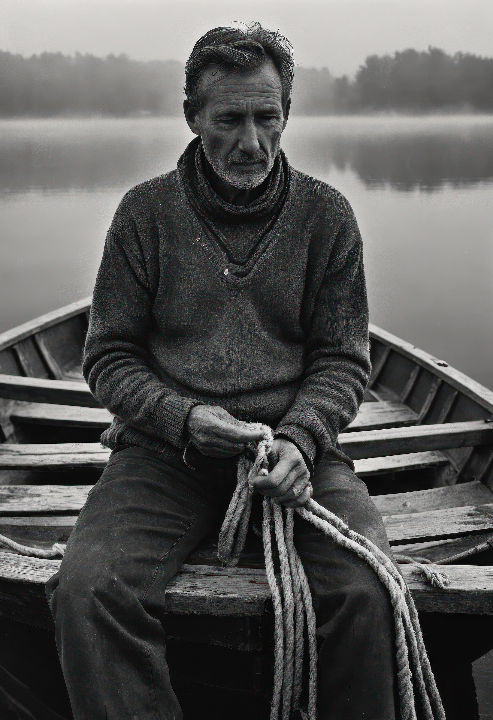 cinematic film photograph of a weathered fisherman sitting on a wooden dock at dawn, (weathered face:1.3), tattered wool sweater, calloused hands gripping a frayed rope, old rowboat tethered nearby, soft fog rising from a glassy lake, warm edge lighting illuminating mist and aged features, ultra-realistic textures, Kodak Tri-X film look, shallow depth of field, ethereal atmosphere, peaceful solitude