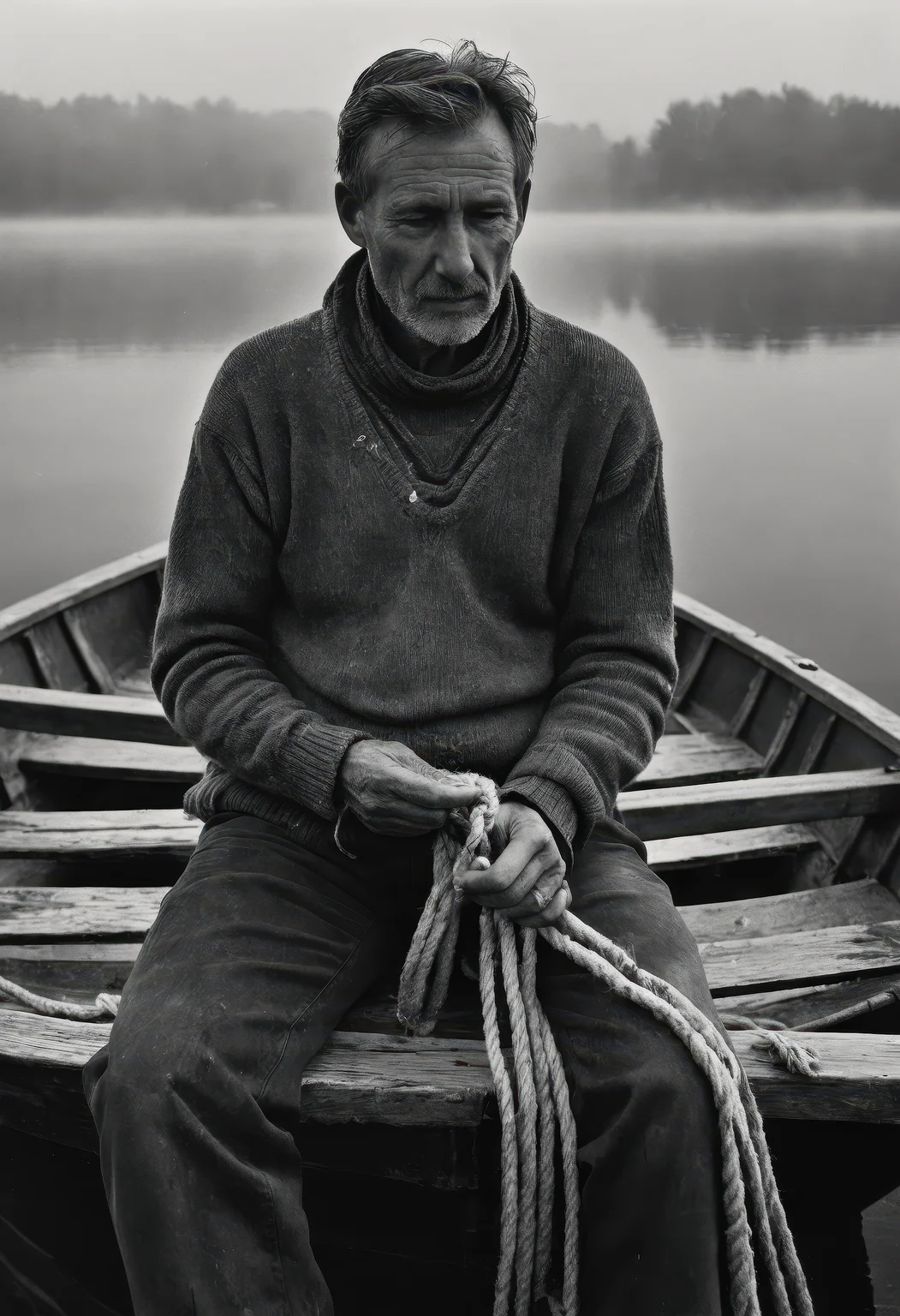 cinematic film photograph of a weathered fisherman sitting on a wooden dock at dawn, (weathered face:1.3), tattered wool sweater, calloused hands gripping a frayed rope, old rowboat tethered nearby, soft fog rising from a glassy lake, warm edge lighting illuminating mist and aged features, ultra-realistic textures, Kodak Tri-X film look, shallow depth of field, ethereal atmosphere, peaceful solitude