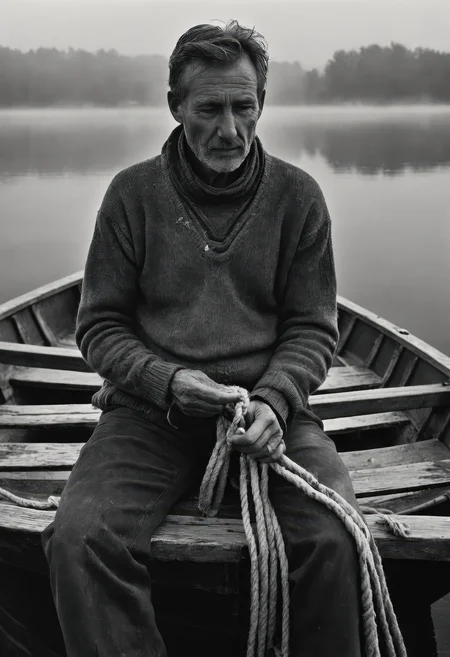 cinematic film photograph of a weathered fisherman sitting on a wooden dock at dawn, (weathered face:1.3), tattered wool sweater, calloused hands gripping a frayed rope, old rowboat tethered nearby, soft fog rising from a glassy lake, warm edge lighting illuminating mist and aged features, ultra-realistic textures, Kodak Tri-X film look, shallow depth of field, ethereal atmosphere, peaceful solitude