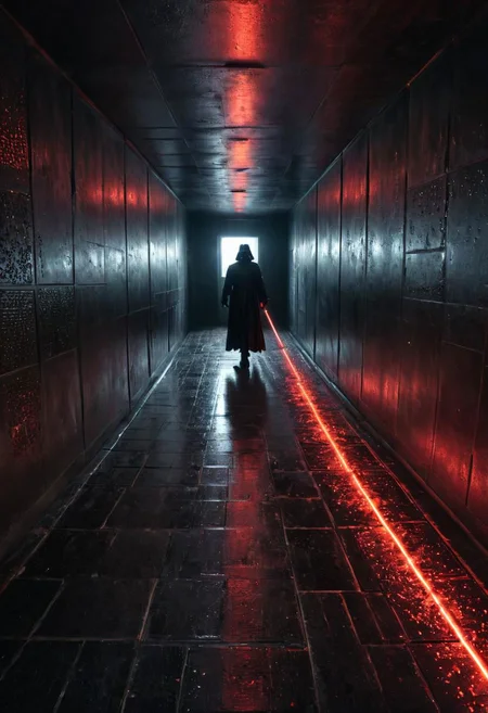 a matrix abyss by H.P. Lovecraft, a long floor into eternity, black reflecting tiles, dimmed lightning, vintage sci-fi led panels, electrical panels, StarWars Darth Vader in the end of the floor Walking with Red lightsaber to viewer, lightsaber Cut the Wall, Spray sparks