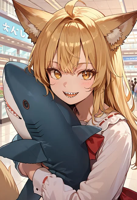 score_9, score_8_up, score_7_up, source_anime, fox girl, cute face, blonde long hair, tail, red bow in hair, solo, portrait, mall, crowd, open mouth, looking at viewer, open mouth, sharp teeth, presenting shark, hugging, shark, stuffed shark, detailed background, detailed eyes
