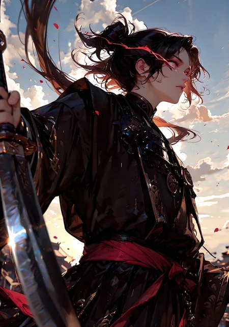 masterpiece, best quality, good quality, very aesthetic, absurdres, newest, 8K, depth of field, focused subject, visual storytelling, dynamic composition,
stylized, scenery, bokeh, blurred background,
Black Myth Wukong, 1boy, solo, monkey king, Kael Vireon,
chinese mythology, (dynamic pose:1.3), eye-trails, fighting-stance, eye trail, zone-eyes, high speed motion, intense action shot,
"dark glowing" black long knife,
upper body focus,
storm aura, divine energy, long flowing sash, ancient armor, windblown hair, dramatic sky, celestial clouds, mythic scale, sakura petals, cinematic composition, backlighting, volumetric light, storytelling scene, symbolic environment, god-tier illustration,(sketch:1.3), in the style of cksc,