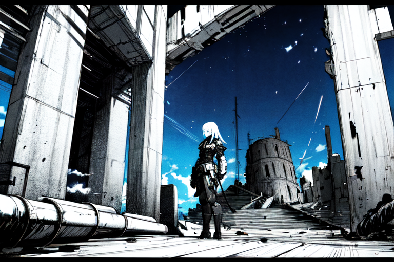 highly insanely detailed, masterpiece, top quality, best quality, highres, 4k, 8k, RAW photo, (very aesthetic, beautiful and aesthetic),  
tsutomu nihei,nihei_tsutomu,blame!,blame gakuen!,abara,TNstyle,sidonia_no_kishi,(megastructure in background,stairs,tower,deep horizon,hangar,tunnel,space,spacecraft,city ruins,giant room,lab,sidonia \(ship\),mausoleum),toha heavy industries,buildings,clouds,cables,tubes,industrial pipes,walkway,bridge,letterboxed,fence,lantern,dome,gauna,gauna mech,light particles,mist,fog,steam,machinery,star \(sky\),starry sky,drainpipe,concrete walls,metal walls,bones,wire, 
<lora:ABARA:0.7>, 
(1girl:1.3), 
solo focus, 
pure blue background,pure cyan background,pure yellow background,(multicolored background,fluid color background,gradient background),âââ