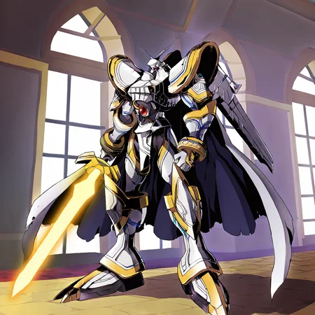 highres, best quality, masterpiece, very aesthetic, newest,solo,1boy,alphamon,energy sword,holding sword,full body,outdoors,standing,indoors,shin megami tensei,cape, <lora:AlphamonPony:1>