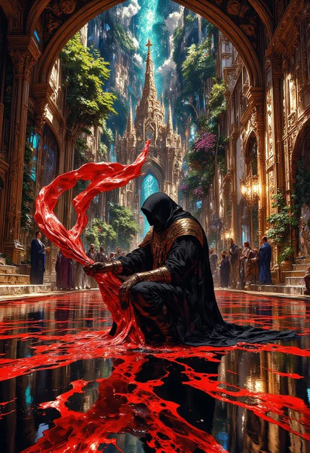 A hyper-realistic digital illustration in HD, 8K rendering, inspired by the delicate, ethereal style of Sandro Botticelli, depicting a man kneeling in a hooded vantablack medieval robe. His posture conveys both exhaustion and a quiet sense of triumph, as though the weight of the war has lifted. His hand cradles a surreal, flowing red scarf—a keepsake from his beloved—that floats impossibly in the air, curling upwards and gracefully looping back toward him. The floor beneath him is a shimmering surface of transparent water, subtly tinged with red, its pristine clarity disrupted by ripples emanating from his kneeling figure. This reflective pool mirrors the fantastical scene above: surreal pathways extending upwards into an otherworldly horizon. Along these pathways stand medieval buildings adorned with intricate arches and stained-glass windows, illuminated by warm, flickering lights. Towering trees and a majestic church blend into the dreamlike architecture, completing the fantastical backdrop. The composition is a dramatic three-quarter view, enhanced by soft cinematic lighting that highlights intricate details, from the texture of the robe to the glistening ripples. Masterfully executed with fine depth of field and a 35mm lens at f/1.8 aperture, the scene exudes a timeless, fantastical beauty.