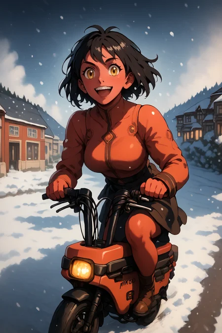 red skin, black hair, yellow eyes, happy, cheerful. <lora:RD-MAnon-XLV1.1:1>, inf front of a café looking out over a artic snow field, ((motocompo)), solo, standing, behind <lora:motocompo_detailed:1.5> ground vehicle, riding motocompo, , source_anime, score_9_up, score_7_up, score_8_up