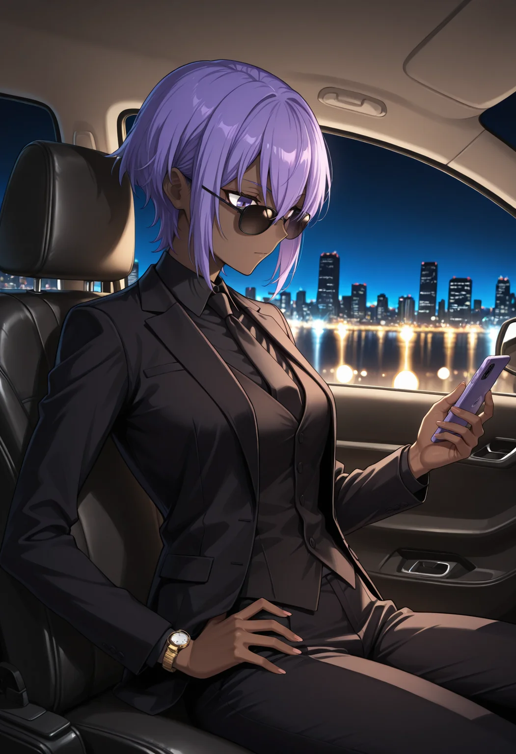 masterpiece, best quality, highres, absurdres, very awa, 1girl, solo, dark-skinned female, short hair, hair between eyes, purple hair, black suit, suit, formal, black jacket, sunglasses, holding phone, looking at phone, looking down, smartphone, purple eyes, pant suit, black pants, black necktie, open jacket, watch, from front, car interior, night, back seat, black shirt, black vest, from side, hand on own hip, arm at side, closed mouth, cityscape