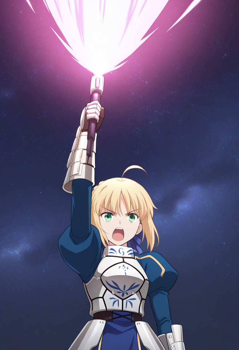 masterpiece, best quality, ultra-detailed, absurdres, newest, 1girl, solo, blonde hair, green eyes, short hair, french braid, ahoge, hair ribbon, blue ribbon, SaberArmor, breastplate, blue dress, gauntlets, juliet sleeves, faulds, holding beam weapon, transamraiser, pink beam, giant beam, one arm up, outer space, upper body, open mouth, serious, shouting, straight on