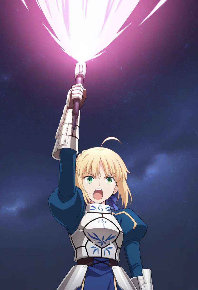 masterpiece, best quality, ultra-detailed, absurdres, newest, 1girl, solo, blonde hair, green eyes, short hair, french braid, ahoge, hair ribbon, blue ribbon, SaberArmor, breastplate, blue dress, gauntlets, juliet sleeves, faulds, holding beam weapon, transamraiser, pink beam, giant beam, one arm up, outer space, upper body, open mouth, serious, shouting, straight on