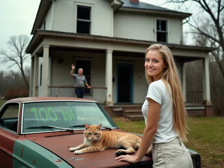 breathtaking a woman standing next to a cat on top of a car in front of a house with a man taking a picture, Alison Geissler, award - winning photography, a stock photo, american impressionism . award-winning, professional, highly detailed