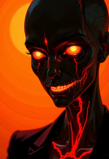A hauntingly photorealistic extreme close-up portrait of an impossibly tall and thin character, bathed in dramatic backlighting that creates an eerie, atmospheric glow. The dark fantasy horror scene is set against a solid amber background, with the character's elongated features casting long, ominous shadows. Glowing red veins snake through their translucent skin, adding a disturbingly horrific element. The character's eyes are wide and unsettling, with vertical pupils that seem to pierce through the viewer. Their expression is one of macabre curiosity, with a slight, knowing smile that hints at unseen terrors. The lighting is stark and cinematic, with sharp contrast and intricate details that draw the viewer into the unsettling atmosphere. The overall composition is both mesmerizing and terrifying, capturing a sense of dread and foreboding., A digital anime artwork in the style of cklg,.,Photorealistic extreme close-up face character portrait, dramatic backlighting, atmospheric glow, dark fantasy horror, solid amber background, impossibly tall and thin, disturbingly horrific, elongated features, long shadows, glowing red veins, translucent skin, vertical pupils, unsettling expression, macabre curiosity, slight knowing smile, stark cinematic lighting, sharp contrast, intricate details, mesmerizing and terrifying, dread, foreboding, eerie presence, otherworldly, sinister, haunting, high detail, cinematic composition, horror elements, dark fantasy, amber color palette, atmospheric lighting, dramatic pose, unsettling gaze, A digital anime artwork in the style of cklg,.,<lora:artilands:0.41><lora:Fluxartis IIB:0.189><lora:ck-nc-luminal-genesis-000016:0.524> A digital anime artwork in the style of cklg