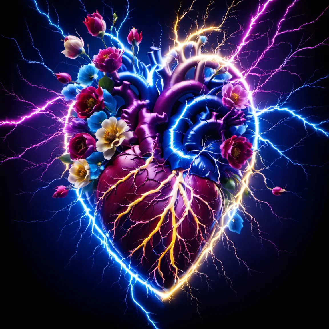 flowerart, flower,human heart,lighting_thunder,lighting,thunder,<lora:flower_art:0.8> <lora:electricity:1>