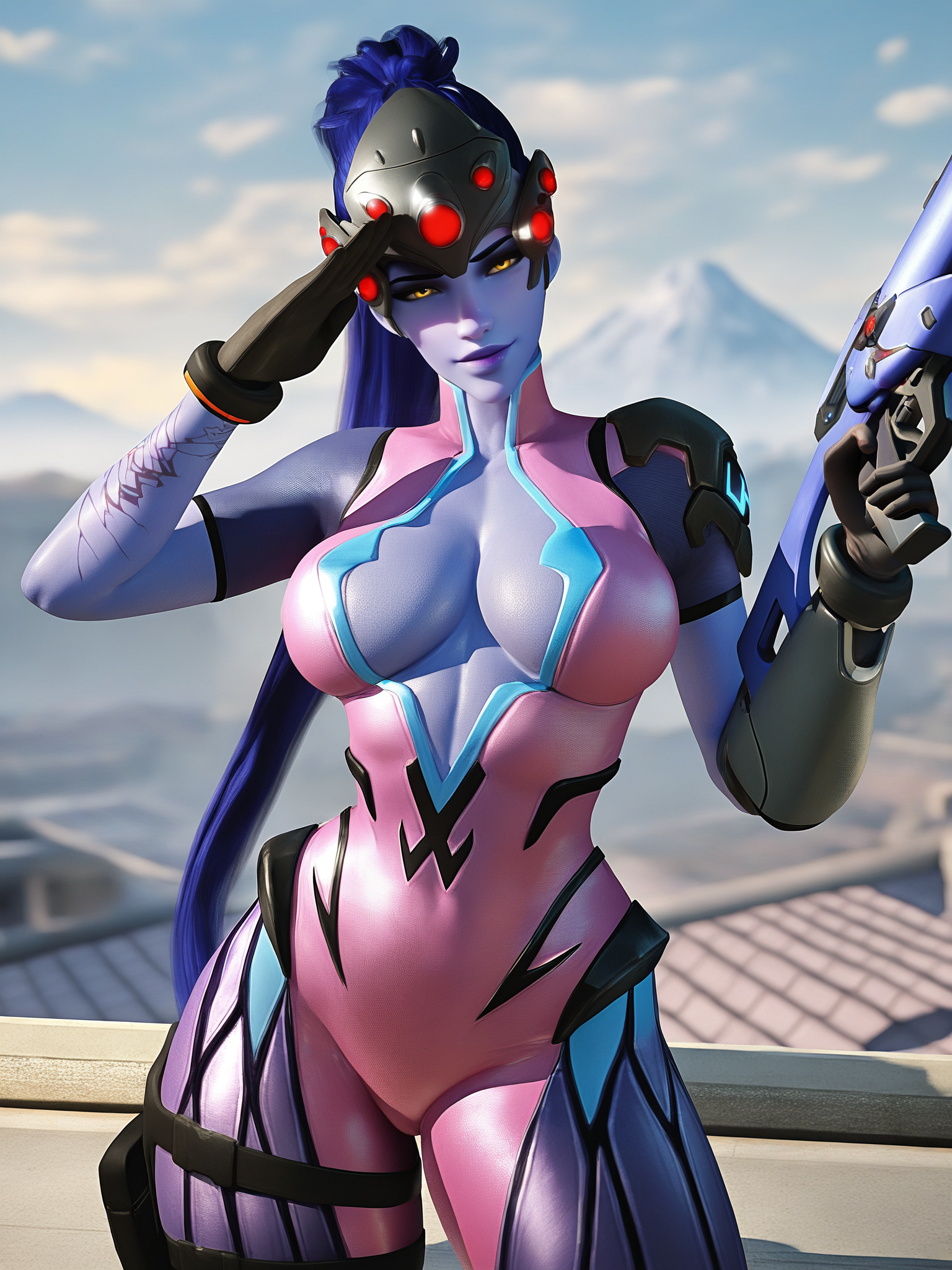 masterpiece, best quality, very awa, bloom, shadow, sidelighting, 3d \(realistic\), 3d \(cartoon\), 
1girl, widowmaker \(overwatch\), purple skin, holding (gun:1.2), purple rifle,  hand up, salute, cowboy shot, contrapposto, standing, 
mature female, solo,
purple lips, yellow eyes, purple hair, very long hair, ponytail, hair pulled back, 
looking at viewer, head tilt, kubrick stare, 
pink bodysuit, lipstick, head-mounted display, arm tattoo, 
large breasts, shiny skin, shiny face,
outdoors, on rooftop, day, cloudy sky, mountain, twilight, 
<lora:3DStyle Locon NoobAI VPRED 1224 V4 RealisticCartoon3D dec0.05 tagdrop01 Fix:1> 5 fingers