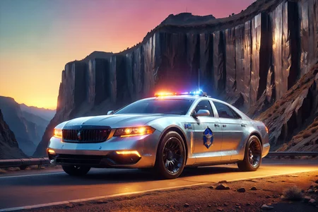 morph-aurora, a futuristic police car with siren lights, armored frame, solo, aerodynamic spoiler, sleek design, space station hangar, metallic walls, stars visible, detailed background, parked on a cliff, overlooking a canyon, sunset glow, action focus, medium shot, a futuristic road marker, glowing softly, on the road, best quality, rich colors, realistic style, high detail, high-definition, hyper-realistic, extremely high-resolution details, fine texture, incredibly lifelike, realistic, not fantasy, not anime, not drawing, highres, 4K resolution, source photo, realistic photo, masterpiece, best quality, amazing quality, very aesthetic, ultra-detailed, detailed surfaces, natural metallic tones, soft light, metallic tones, sleek silver, warm light, close-up shot, <lora:add-detail-xl:1> <lora:aurora_0_100_V1-000009:0.65>