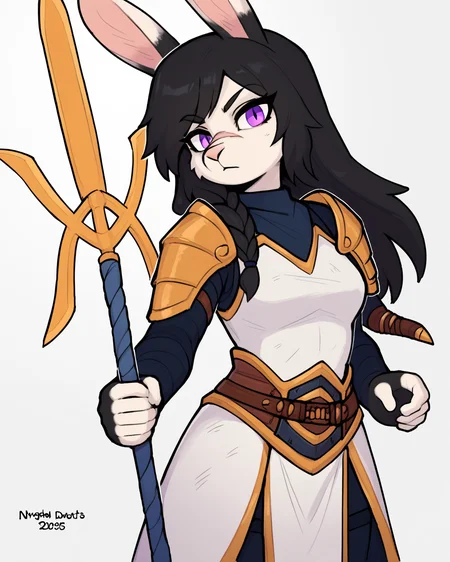 score_9_up, score_8_up, score_7_up, score_6_up, half-length portrait, female, black hair, purple eyes, bunny, facial scar, medium breasts, long hair, side braid, furry, clothing, armor, holding weapon, polearm, looking at viewer, neutral expression, head tilt, solo, (three-quarter view), simple background, white outline <lora:Leah_Pines(AIM)_XL_v1:0.15> <lora:PDXL_artist_tags_v2_big:0.5> <lora:The-Minuscule-Task_PDXL_v1.0:0.6> <lora:Solstice_Fuyumi_VisitorVun:0.8>