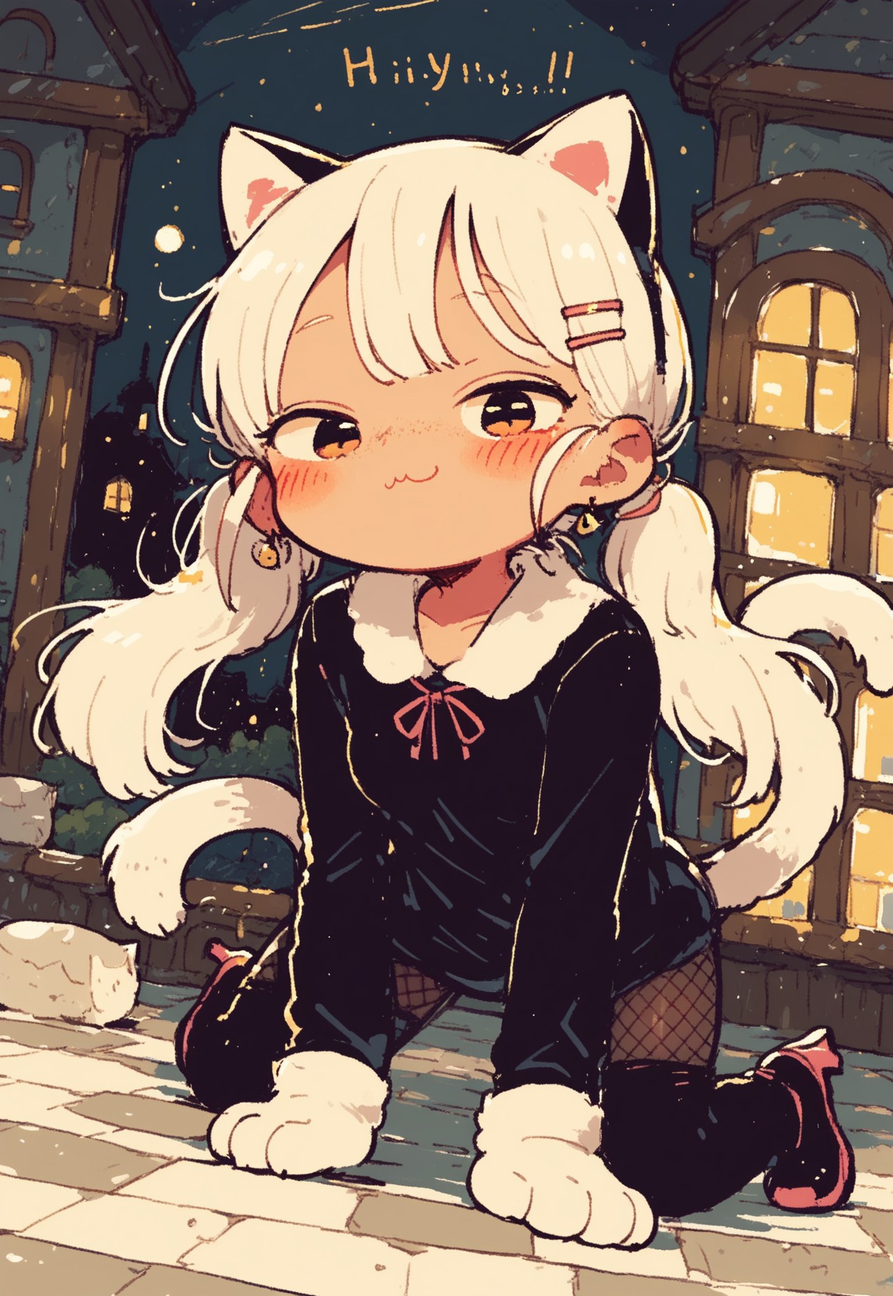 safe_pos, safe_pos, score_9. score_8_up, score_7_up,score_6_up, score_5_up, score_4_up, 1girl , kawaii girl, solo, cat outfit, high heels, indoors, room, glossy lips, petite body, small flat breasts, semi-realism, pseudo-realistic, freckles, earrings, night, darkness, dark room, night time, dynamic angle, cute pose, cute face, hair styler, looking around, seductive, solo, shadows, hair clips, cute rose on hair, abandoned house, dynamic pose, from below, on all fours, color theory, color reflection, blushing, pov, cat ears, cat tail, slightly smug, paw hands, fishnet pantyhose, black clothes, :3, hetero, twintails, cat clothes, black cat style