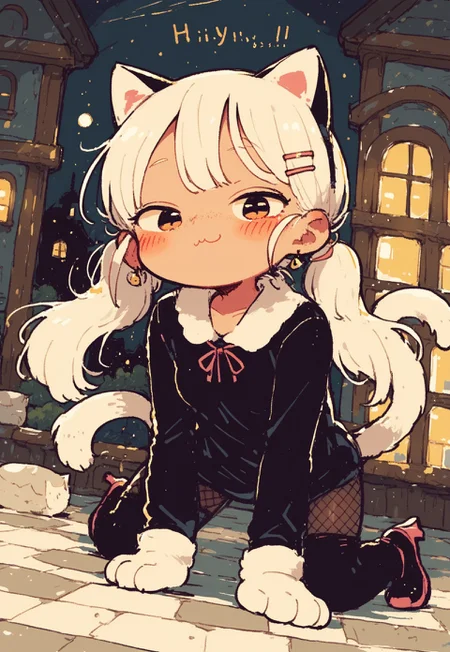 safe_pos, safe_pos, score_9. score_8_up, score_7_up,score_6_up, score_5_up, score_4_up, 1girl , kawaii girl, solo, cat outfit, high heels, indoors, room, glossy lips, petite body, small flat breasts, semi-realism, pseudo-realistic, freckles, earrings, night, darkness, dark room, night time, dynamic angle, cute pose, cute face, hair styler, looking around, seductive, solo, shadows, hair clips, cute rose on hair, abandoned house, dynamic pose, from below, on all fours, color theory, color reflection, blushing, pov, cat ears, cat tail, slightly smug, paw hands, fishnet pantyhose, black clothes, :3, hetero, twintails, cat clothes, black cat style