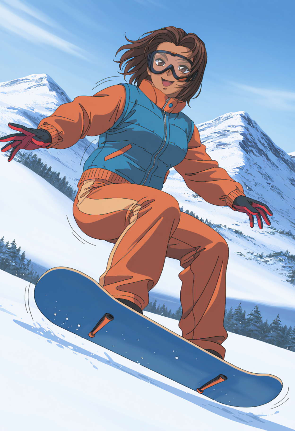 highres, best quality, masterpiece,
1girl, solo, pixel art, 1990s \(style\), brown hair, brown eyes, dark-skinned female,
<lora:_megumi_galspanic-elesico-ilxlEa_1:1>  outdoors, snow, mountain, googles, orange jacket, blue vest, orange pants, open mouth, smile, snowboard, snowboarding, motion lines, two-tone gloves, black gloves,
