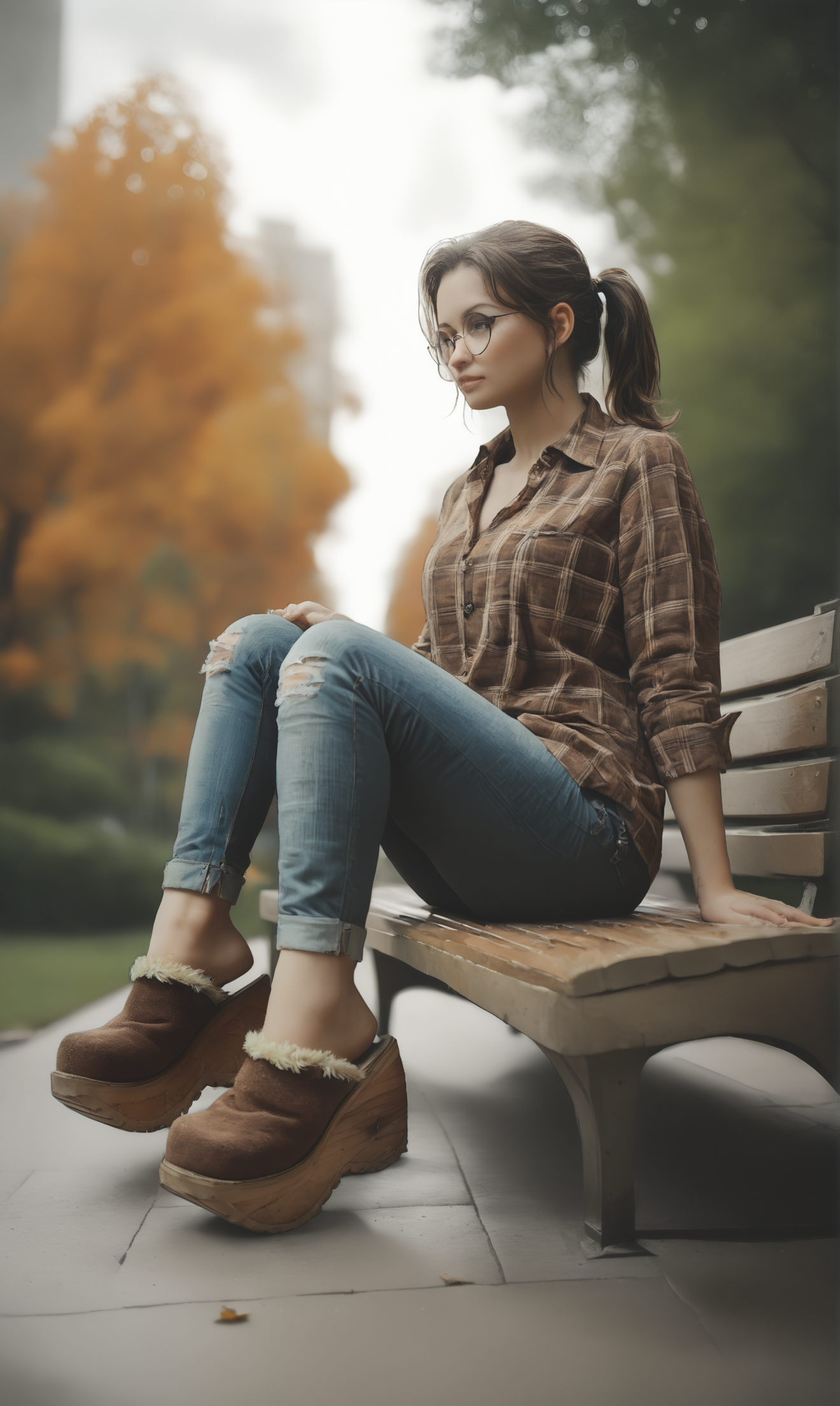 score_9, score_8_up, score_7_up, score_6_up, source_anime,
low angle, from below, from side,
autumn, outdoors, park,
1girl, 
sitting, park bench,
flannel shirt, jeans, round glasses, ponytail, brown hair,
sherpa clogs, platform footwear,
embedding:zPDXLrl ,
embedding:zPDXL2 ,