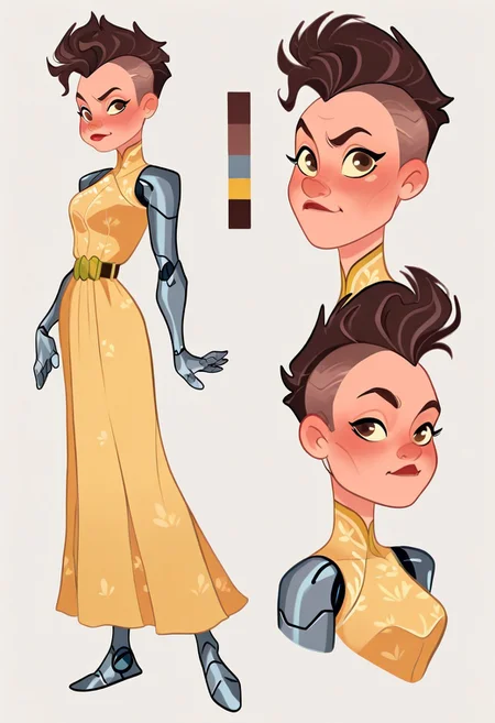 masterpiece, best quality, absurdres, perfect quality, absolutely eye-catching,   <lora:MarkBrooksDisneyIllus:1> dified, MSMLN,
android girl, robot girl, silver flesh, human face, android, 1girl, brown hair, brown eyes, mohawk, cyberpunk, yellow dress,
reference sheet, simple white background, (color guide:1.2), (multiple views), (full body), dynamic pose,,