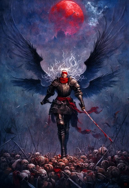 Dynamic illustration, full body, blindfolded swordsman with white hair, long flowing wild hair, wielding a katana up with dripping blood, double wings, giant wings, feathers falling, moonlight, red big moon, battlefield, pile skulls, dark fantasy, dramatic lighting, highly detailed armor, flowing red scarf, art by Yoshitaka Amano and Ayami Kojima, intricate details, masterpiece, best quality, absurdres, very aesthetic, very awa, newest, oil painting \(medium\), traditional media, <lora:96_chadmix_vpred10_1a.safetensors:1.0>,