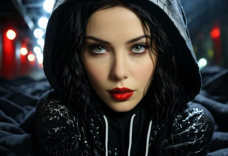 (masterpiece, best quality:1.2), (cinematic lighting:1.2), 1girl, hood, looking at viewer, red lips, black hair, blurry, blurry background, solo focus, lips, long hair, UHD, HDR, 4k, ultra-wide angle, award winning, masterpiece, ray tracing