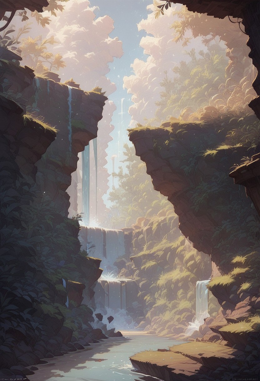 (score_9, score_8_up, score_7_up), 1girl far away,blonde, small breasts,detailed background, waterfall,