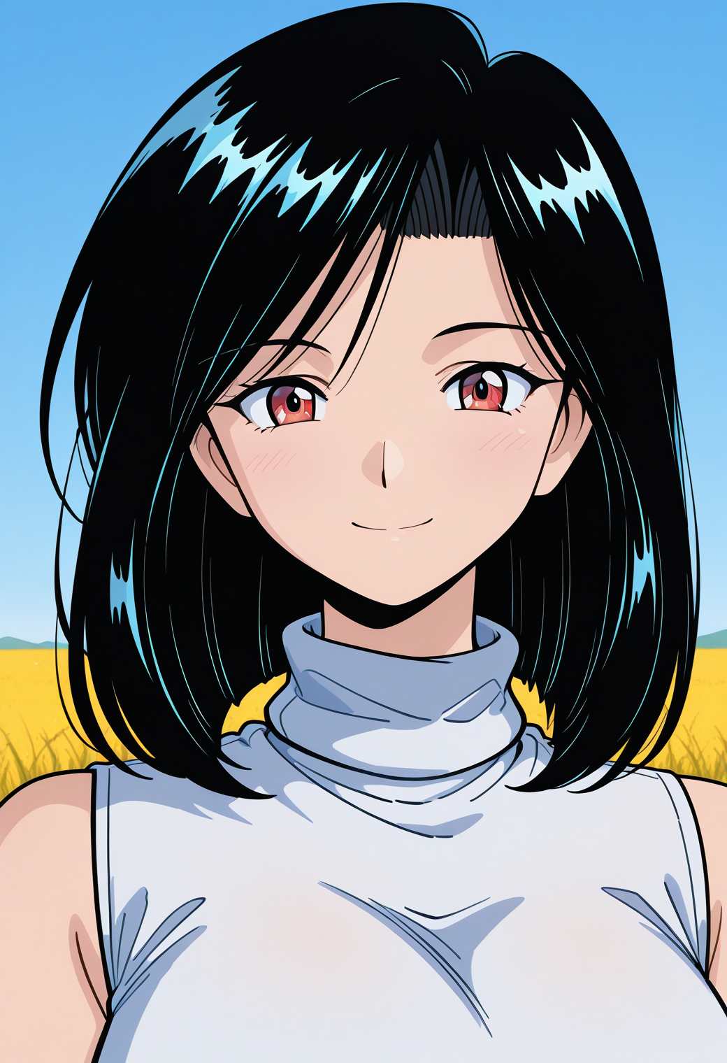 aitoma_tweny, red eyes, black hair, medium hair, turtleneck, sleeveless, <lora:aitoma_tweny_illustrious_ver1:0.8> 
smile,, masterpiece, best quality, general,, 1girl, solo, (field:1.2), (blue sky:1.2), looking at viewer,, (upper body:1.2), (close-up:1.2), (facing viewer:1.2), (open eyes:1.4), (portrait:1.2)