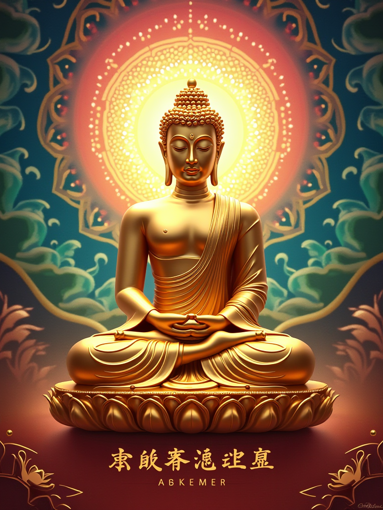 Revised Poster Design Concept: Golden Buddha Statue
Overall Style:

Luxurious and Serene with Vibrant Elements: The poster will showcase a Buddha statue made entirely of gold, emphasizing its metallic texture, but will now incorporate a colorful and intricate background to enhance visual appeal.
Buddha Statue Design:

Pose: The Buddha will remain in a classic seated pose, with a peaceful expression and gentle eyes, reflecting inner tranquility and wisdom.
Material Effect: The statue will have a smooth metallic finish, reflecting light to create a sense of opulence and divinity.
Background Design:

Colorful Aura: The background will feature a radiant, multi-colored aura surrounding the Buddha, reminiscent of traditional Buddhist art, incorporating shades of blue, pink, green, and yellow to symbolize enlightenment and positivity.
Complex Patterns: Integrate intricate mandala designs or swirling patterns in the background, adding depth and complexity to the overall visual.

Radiant Light:

Halo and Rays: Surrounding the Buddha, add a vibrant halo and dynamic rays of light in various colors, symbolizing wisdom and spirituality, enhancing the visual impact of the statue.
Additional Elements:
Lotus Patterns: Incorporate detailed lotus motifs at the base of the statue or within the background, symbolizing purity and awakening, with a gradient of colors to match the overall theme.
Delicate Decorations: Add subtle geometric patterns or ornate golden embellishments in the background to enhance the overall artistic feel and richness of the design.
Overall Effect:
This revised poster will blend wealth and spirituality through the luxurious golden Buddha statue while incorporating vibrant colors and intricate designs to create a more dynamic and captivating visual.   The colorful background and light effects will evoke a sacred atmosphere, while the text at the bottom reinforces the theme of prosperity.   The overall design will not only attract viewers' attention but also inspire contemplation and a sense of awe.