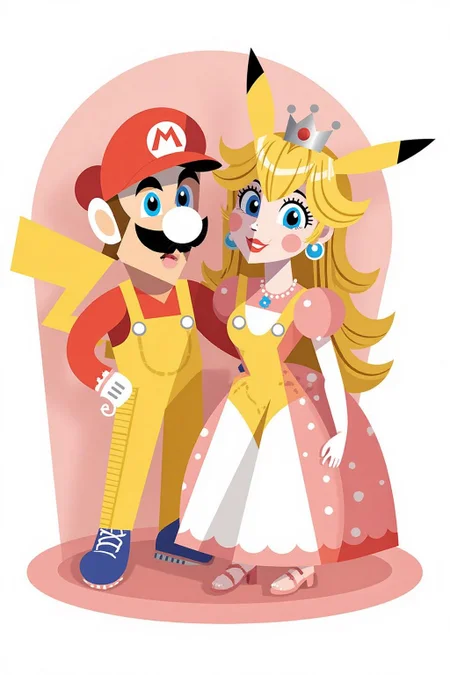 This is a stylized, modern digital drawing in a geometric, abstract art style, reminiscent of Cubism. It feature Mario and Princess Peach wearing Pikachu style Baby Rompers <lora:palo1_cap_d6a3e12:1.0><lora:821342921467999531:0>